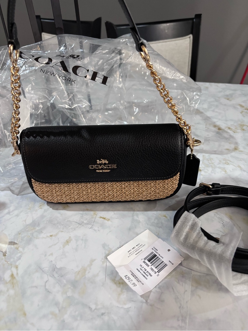 Coach Black and Natural Raffia Crossbody with Gold Chain
